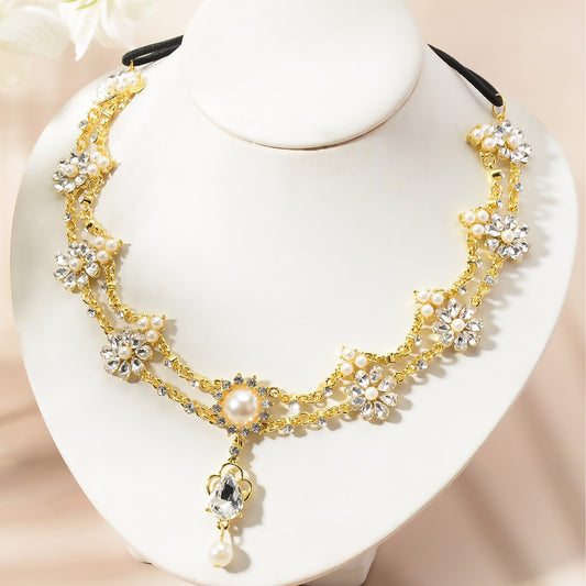 Luxury Elegant Floral Plated Pearl Rhinestone Necklace for Women Wedding Party