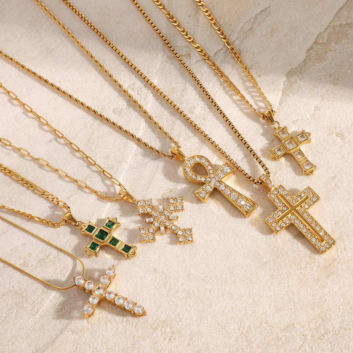 Geometric Cross Stainless Steel Necklace with Cubic Zirconia Titanium Steel Pendant Plated Finish for Unisex