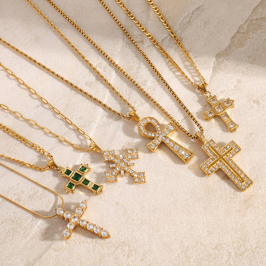 Geometric Cross Stainless Steel Necklace with Cubic Zirconia Titanium Steel Pendant Plated Finish for Unisex