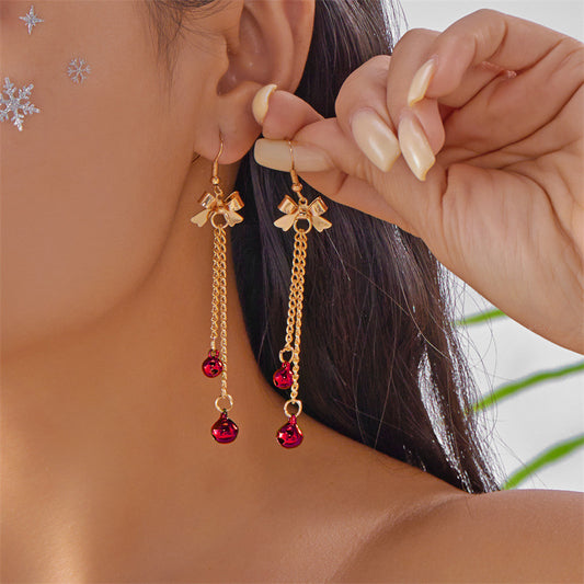 Pendientes de campana con lazo y borla navideños de moda para mujer, de aleación con acabado chapado