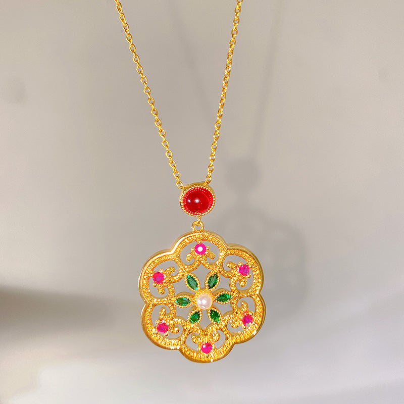 Sweet Sporty Floral Heart Titanium Steel Plated Necklace with Brass Pendant Cable Chain Unisex