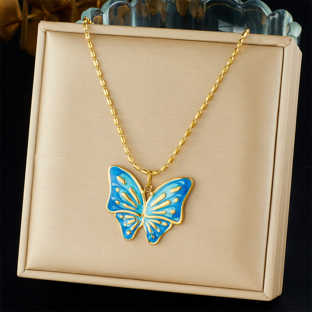Sweet Blue Purple Gradient Drip Oil Butterfly Floral Stainless Steel Snake Chain Necklace