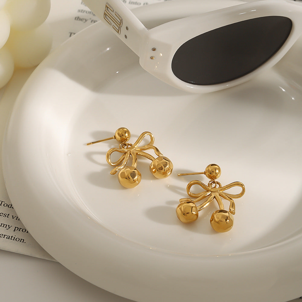 Pendientes de acero inoxidable con lazo de cereza y diseño geométrico para mujer, con acabado chapado, joyería minimalista de lujo
