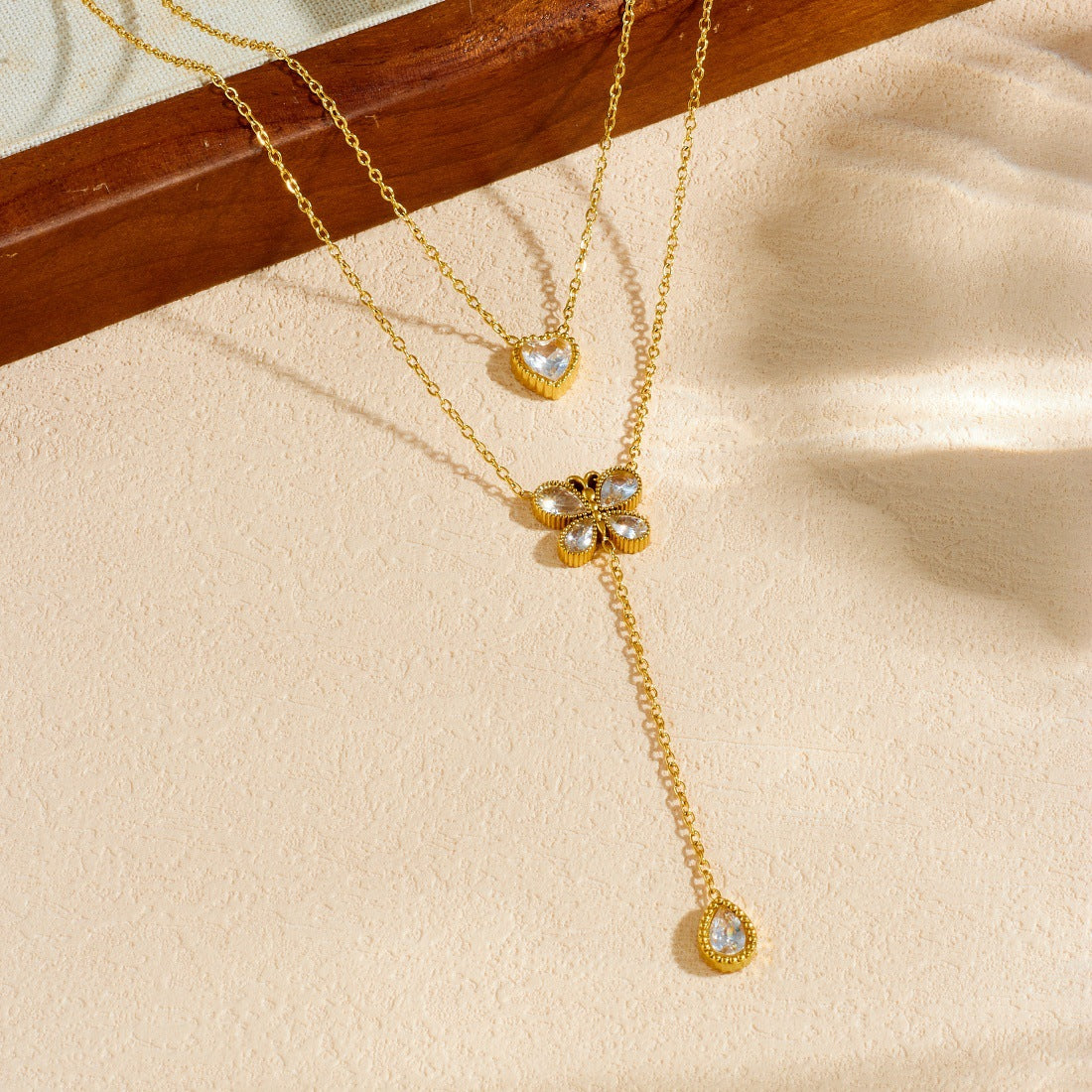 Minimalist Gold Plated Stainless Steel Heart Butterfly Rhinestone Pendant Necklace for Women