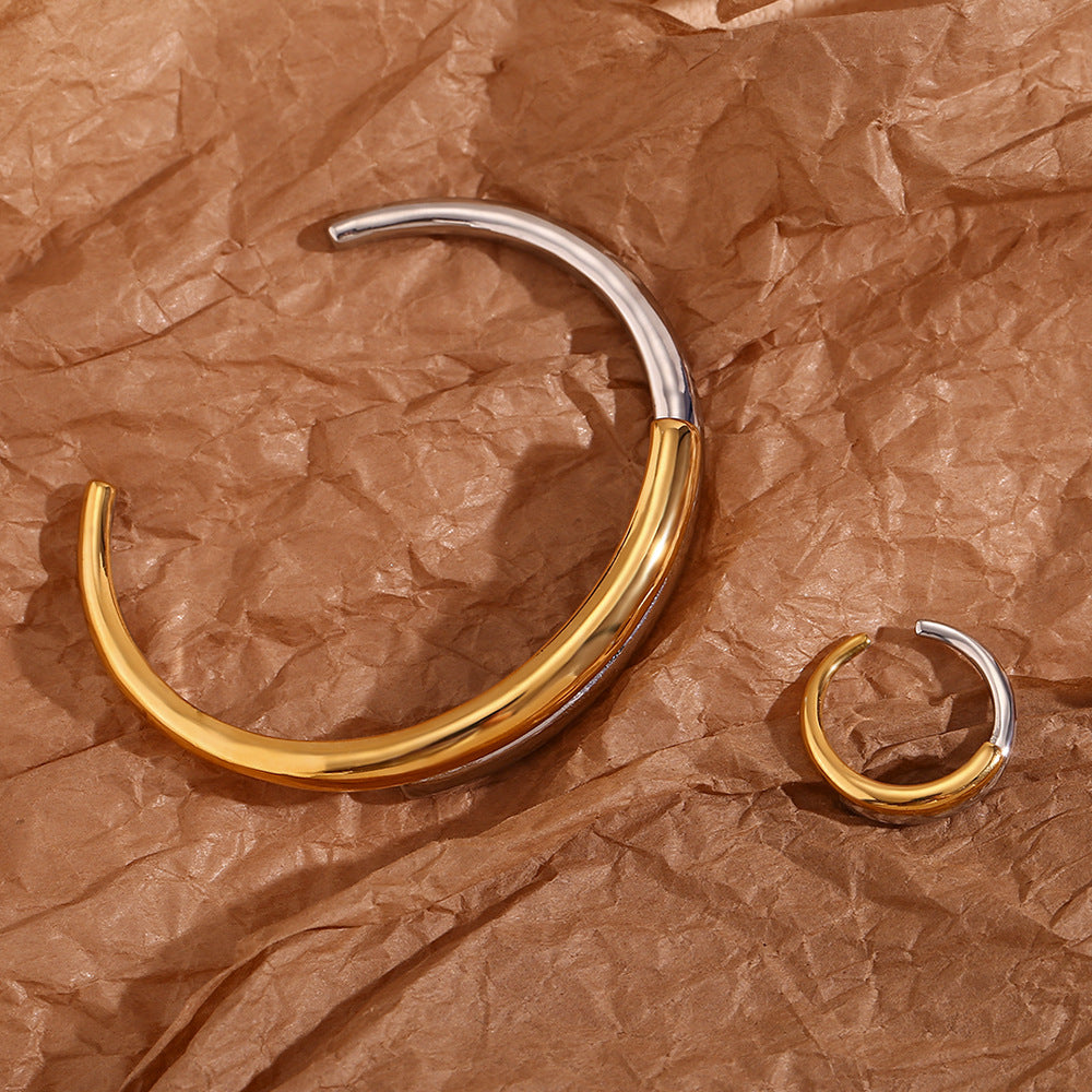 Bracciale rigido aperto da donna in acciaio inossidabile placcato oro 18 carati a doppio strato geometrico minimalista intrecciato