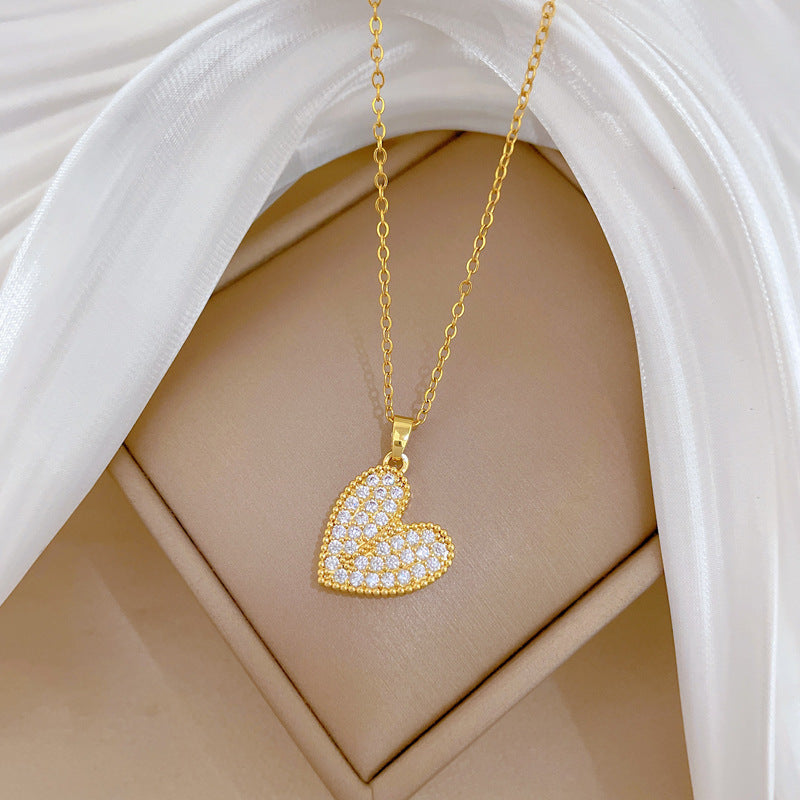 Sweet Heart Shaped Rhinestone Inlaid Titanium Steel Necklace for Unisex