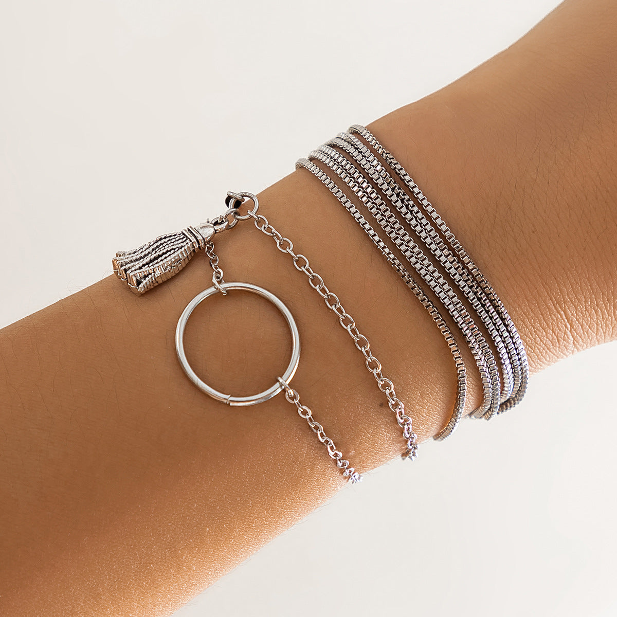 Punk Hip-hop Geometric Round Alloy Plated Multi-layer Tassel Bracelet for Women