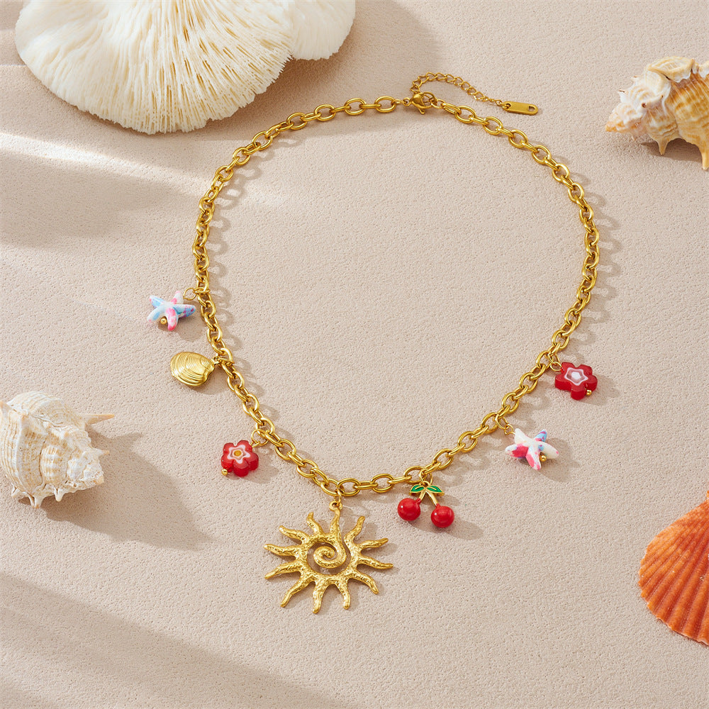 Gold Plated Drip Oil Floral Star Fruit Stainless Steel Cable Chain Necklace for Women