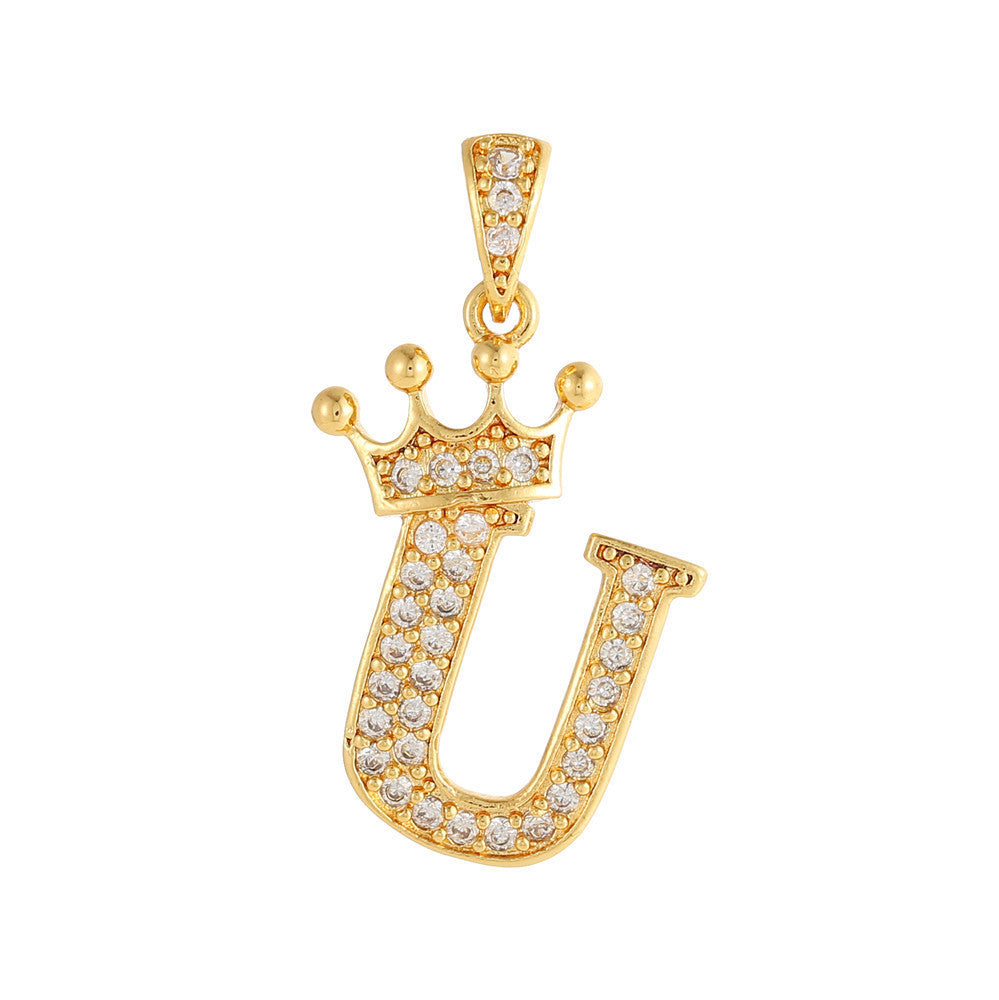 Gold Plated Brass Crown Letter Charm Bar with Cubic Zirconia for DIY Necklace Bracelet