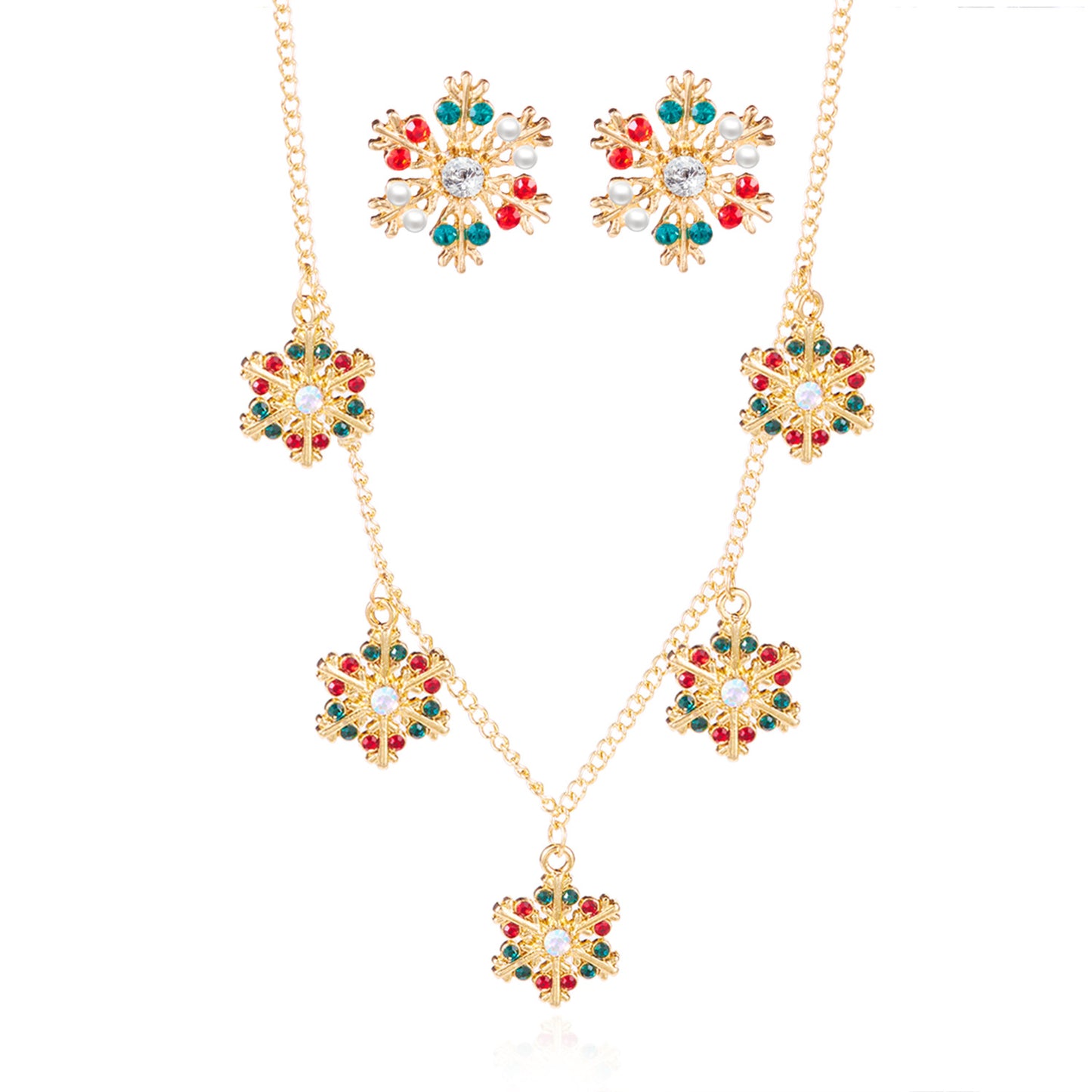 Christmas-Themed Snowflake Pendant Necklace and Earrings Set for Women Alloy with Enamel Finish and Rhinestone Inlay