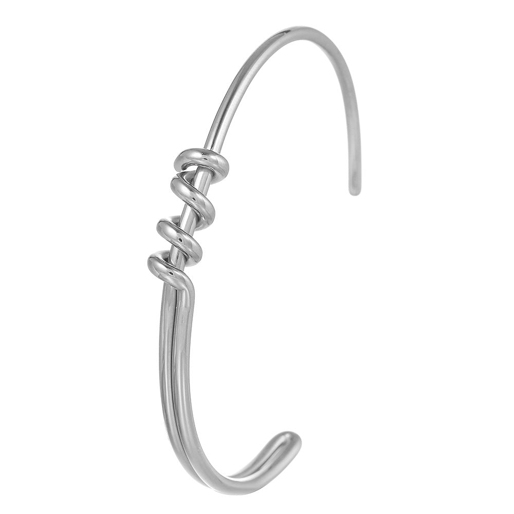 Minimalist Geometric C-Shape Knotted Round Stainless Steel Plated Open Bangle for Unisex