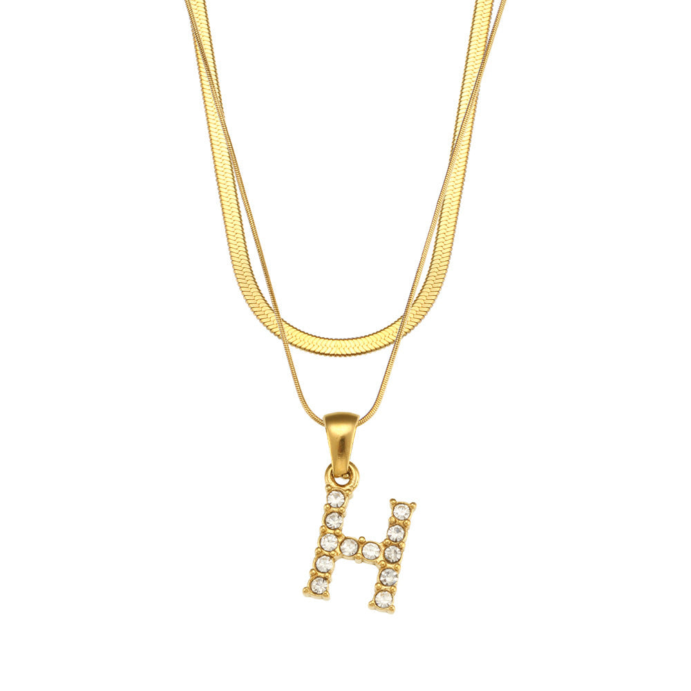 Fashionable Minimalist Letter Pendant Necklace in Stainless Steel with 18K Gold Plating and Cubic Zirconia on Double Snake Chain for Women