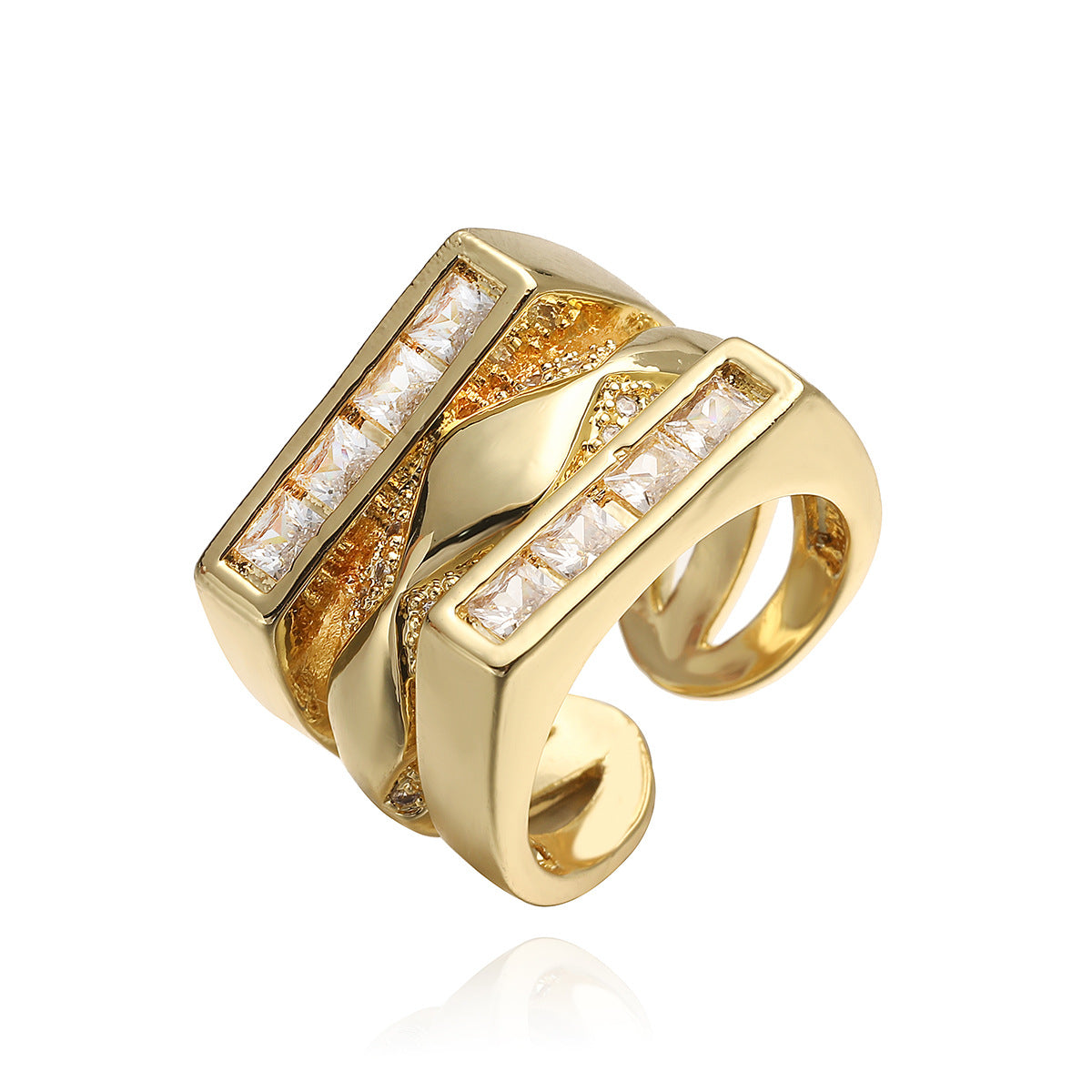 Minimalist Geometric Copper Ring with 18K Gold Plating and Zircon Inlay for Women