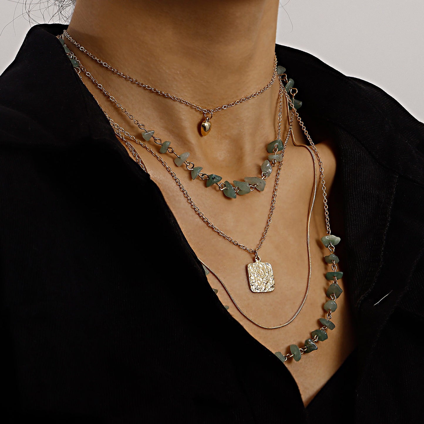 Vintage Multi-Layer Snake Chain Necklace with Mini Heart Pendant, Turquoise Square Inlay, Alloy Construction, Electroplated Finish for Women