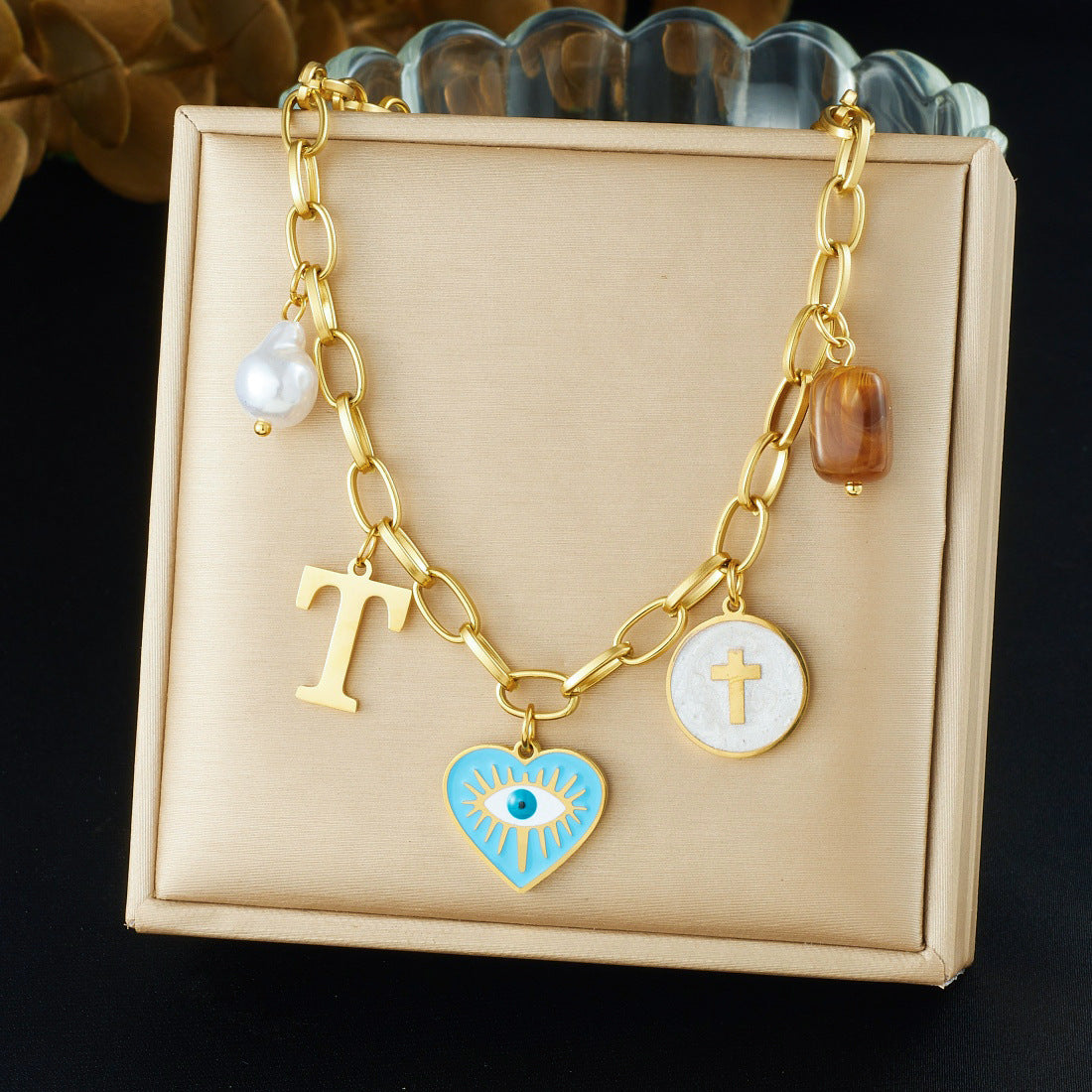 Sweet Cartoon Drip Oil Heart Eye Letter Round Pendant Stainless Steel Curb Chain Necklace for Women