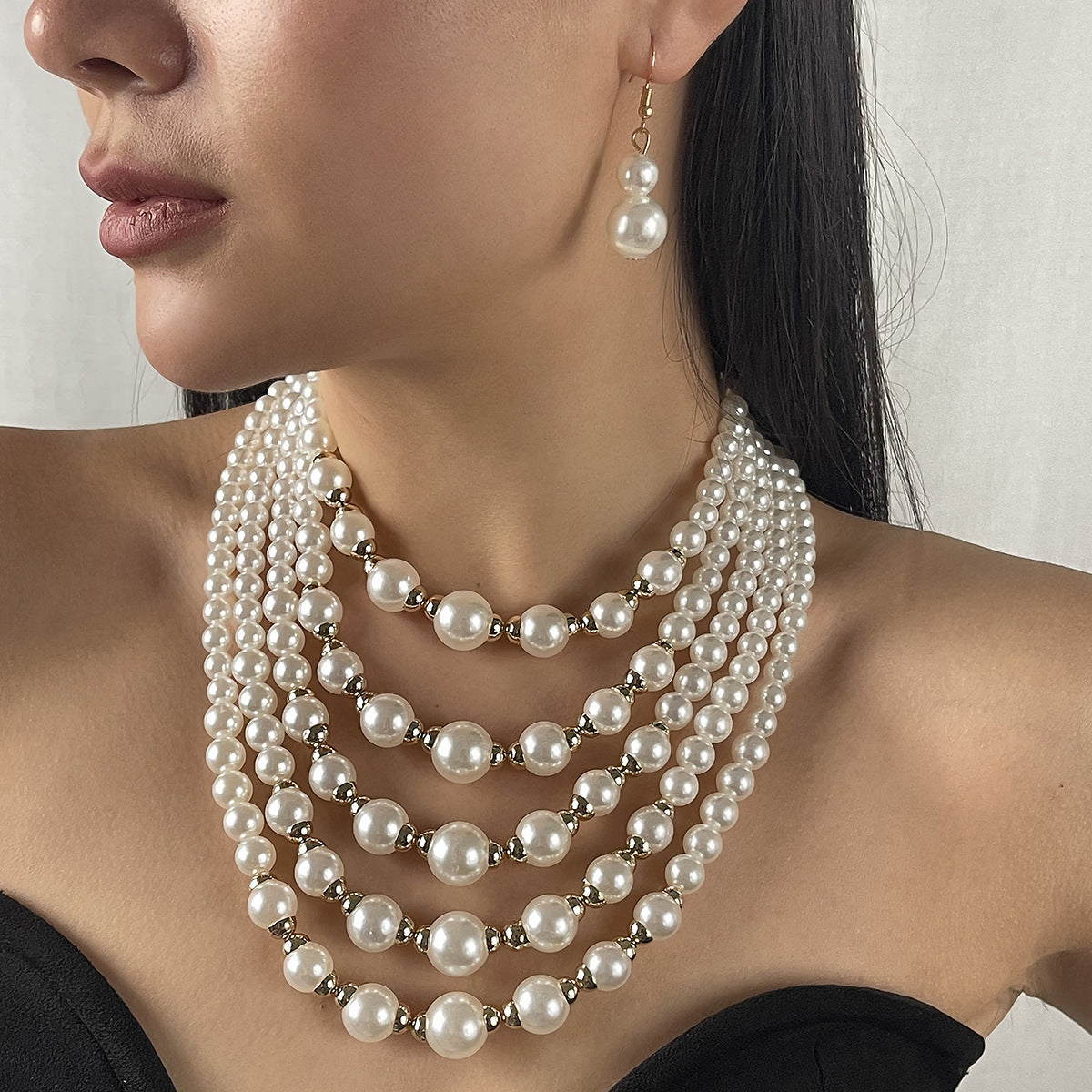 Elegante conjunto de collar de perlas de varias capas y pendientes en aleación con colgantes de nácar para mujer
