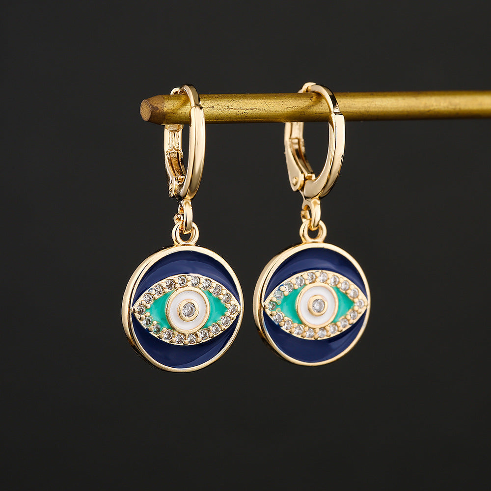 Orecchini geometrici in rame a forma di occhio con placcatura in oro 18 carati e accenti in zirconia smaltata colorata
