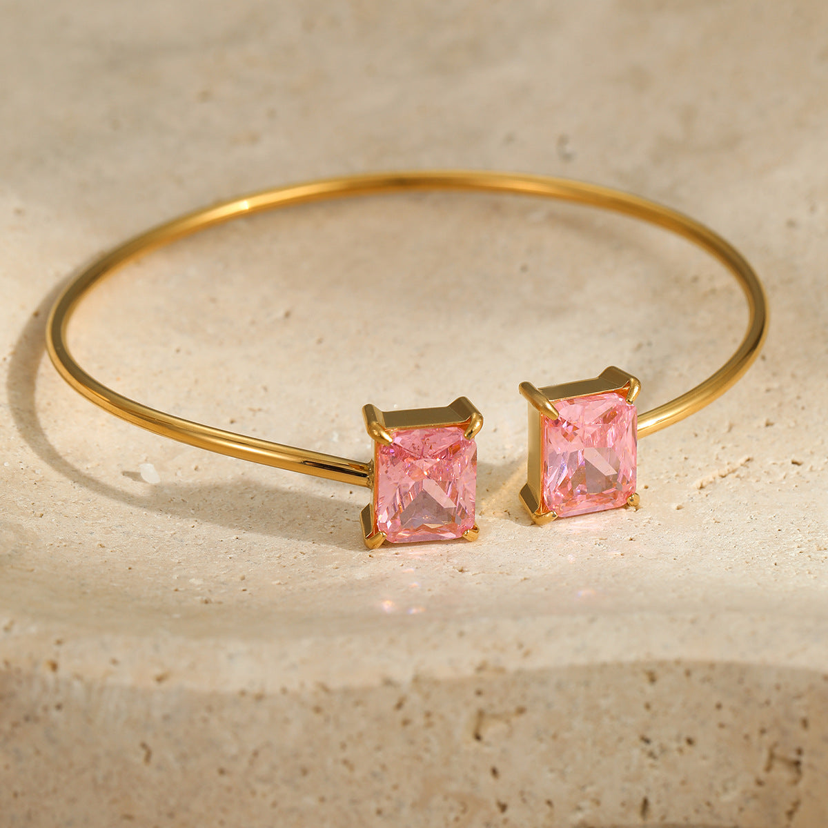 Minimalist Square Zircon Stainless Steel Bracelet with 18K Gold Plating for Women