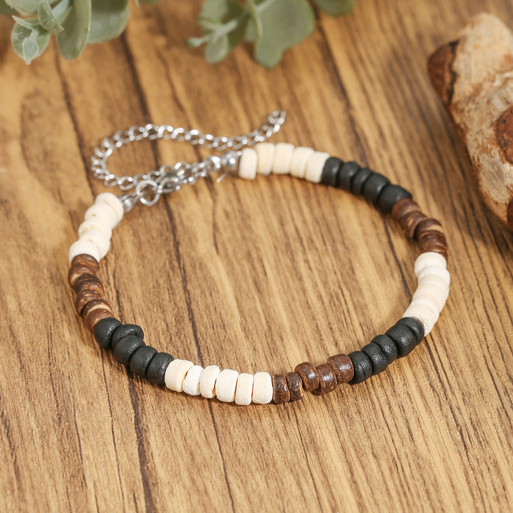 Bohemian Geometric Wood and Stainless Steel Beaded Bracelet for Men and Women