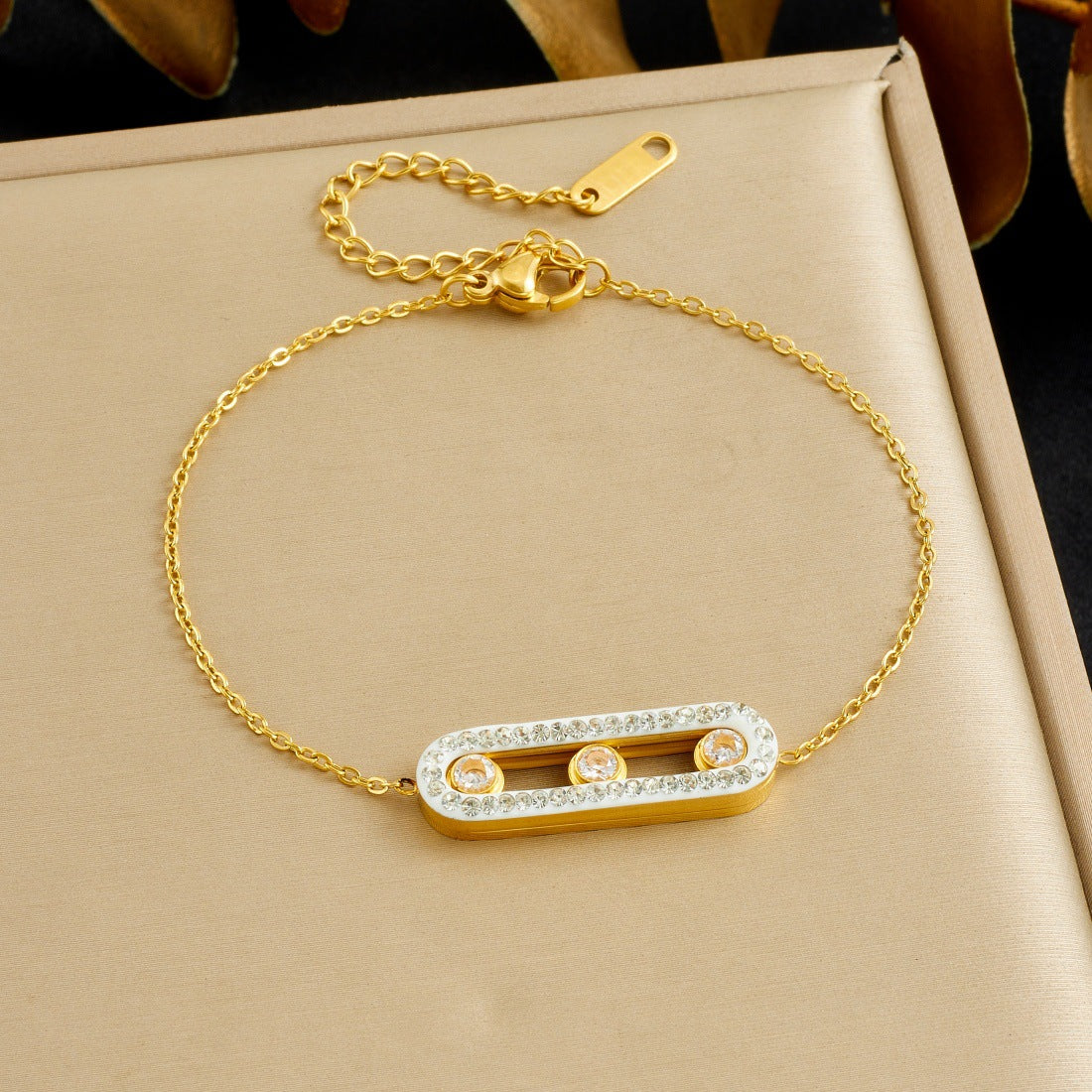 Minimalist Gold Plated Geometric Rectangle Rhinestone Pendant Stainless Steel Bracelet for Women