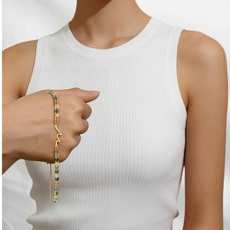 Business Casual Gold Plated Stainless Steel Woven Wave Bracelet with Natural Stone Beads Adjustable Unisex
