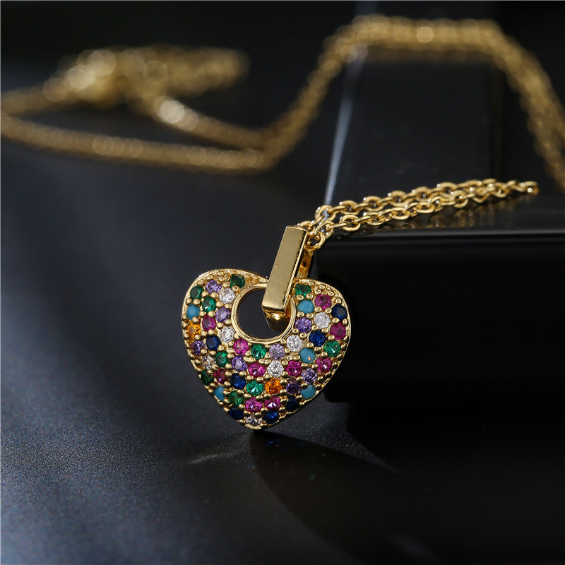 18K Gold Plated Heart Geometric Brass Necklace with Cubic Zirconia Inlay for Women
