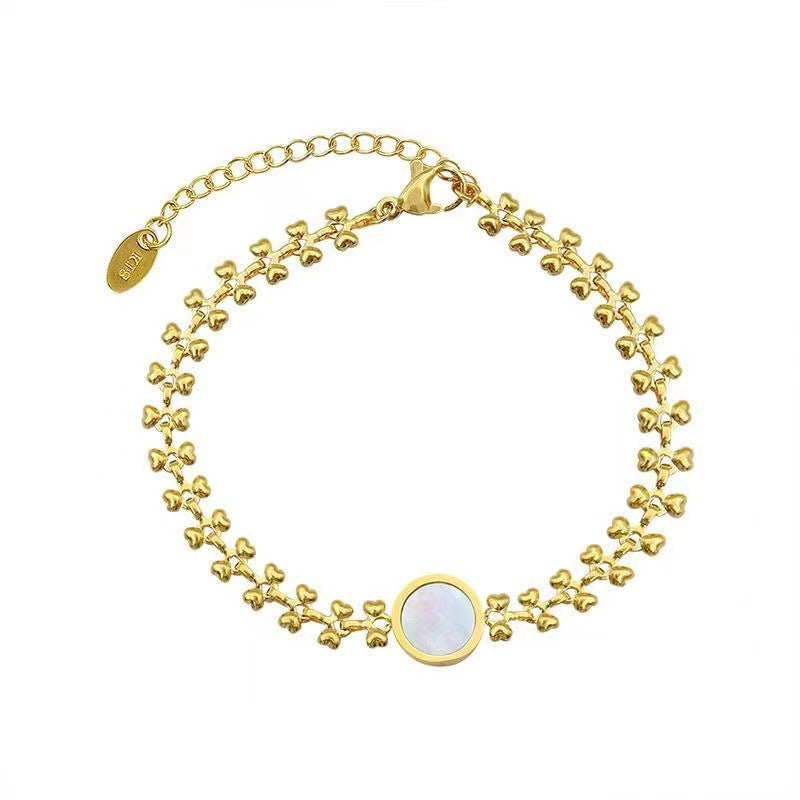 Vintage Wheat Sheaf Shaped Stainless Steel Bracelet with Gold Plating and Mother-of-Pearl Inlay for Women
