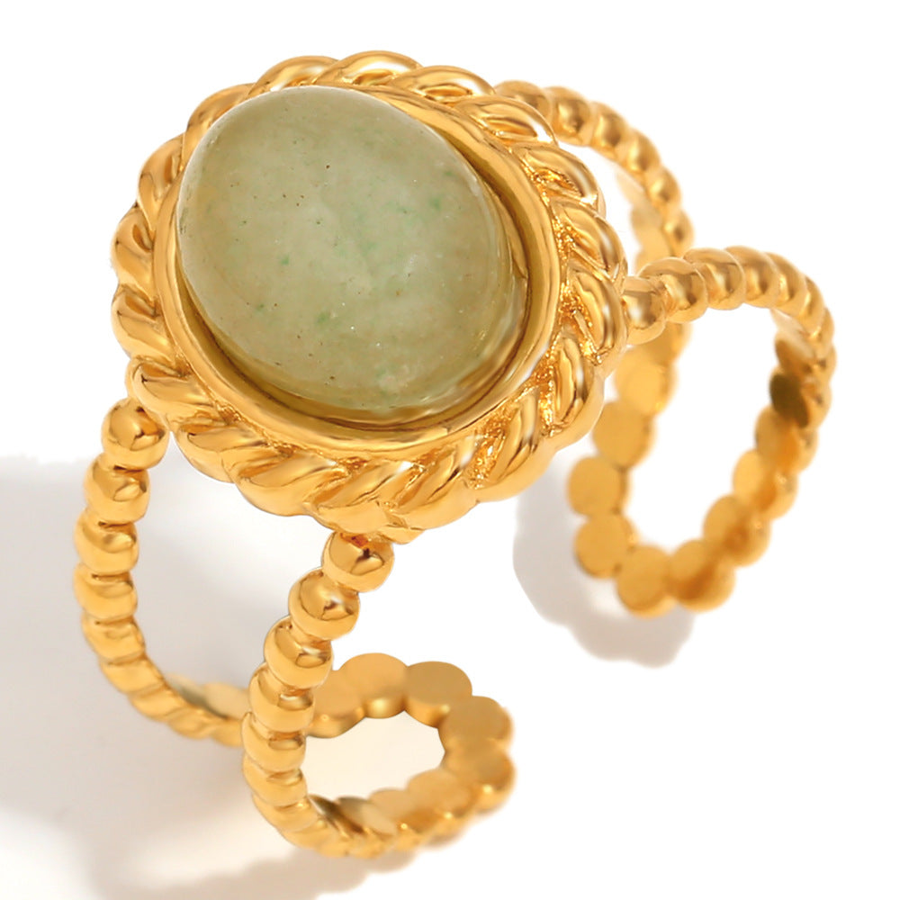 Vintage Style Geometric Stainless Steel Ring with 18K Gold Plating and Green Aventurine Inlay for Women