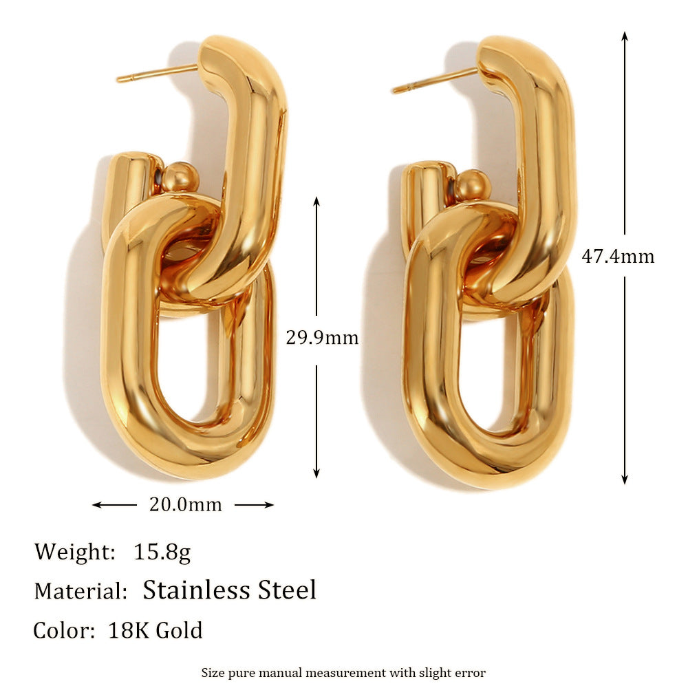 Minimalist Geometric Stainless Steel Earrings with 18K Gold Plating Hollow Chain Design for Women