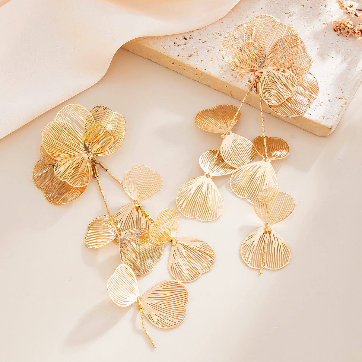 Exaggerated Plated Stainless Steel Floral Leaf Drop Earrings for Women