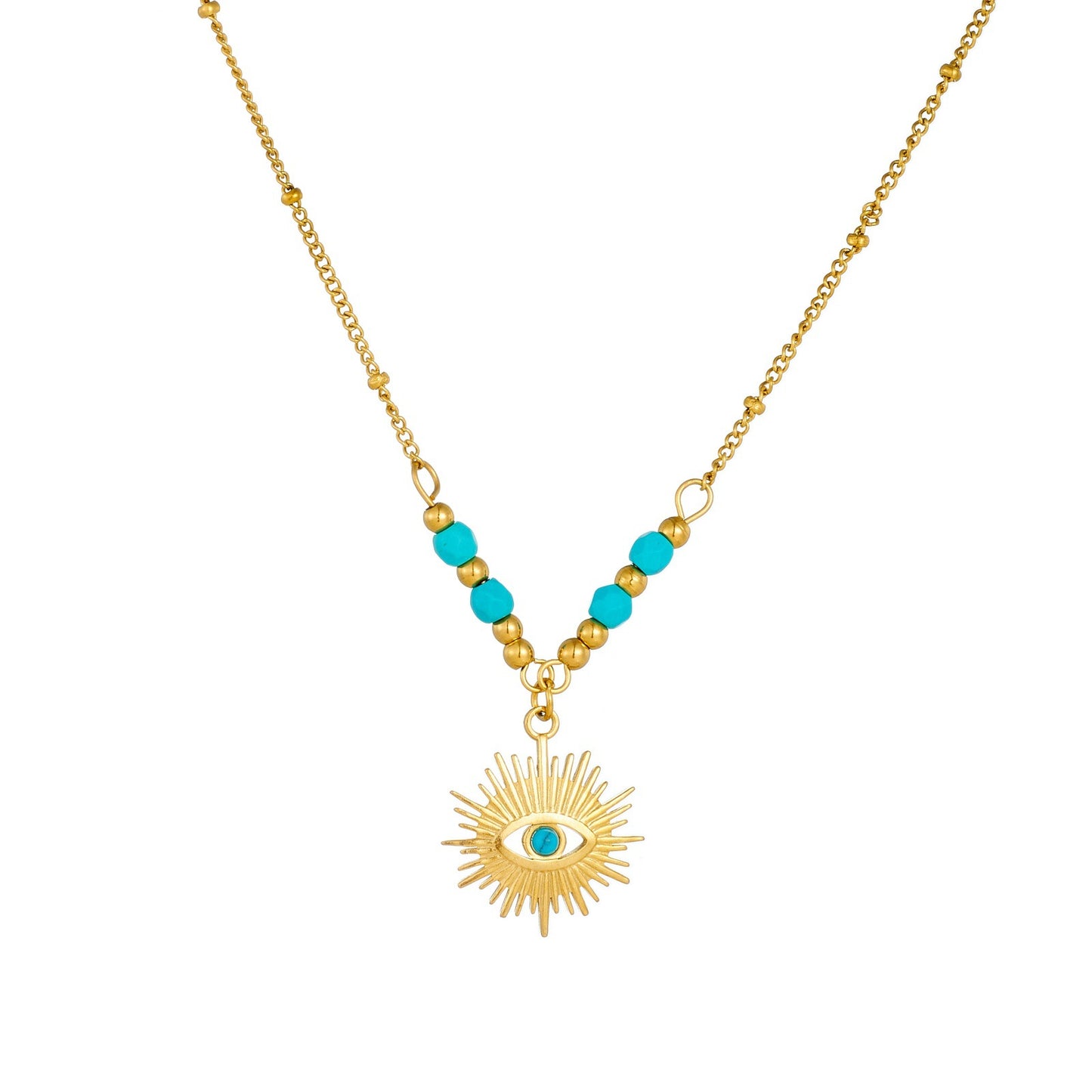 Vintage Gold Plated Stainless Steel Turquoise Eye Bead Pendant Necklace Set for Women