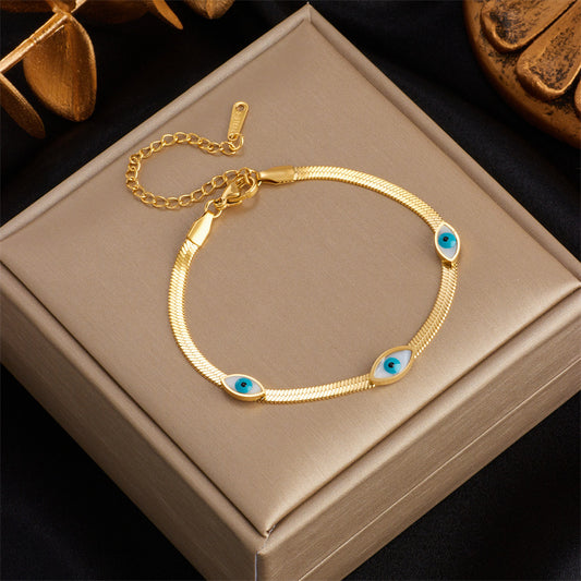 Minimalist Retro Oval Blue and White Eye Titanium Steel Plated Bracelet for Women