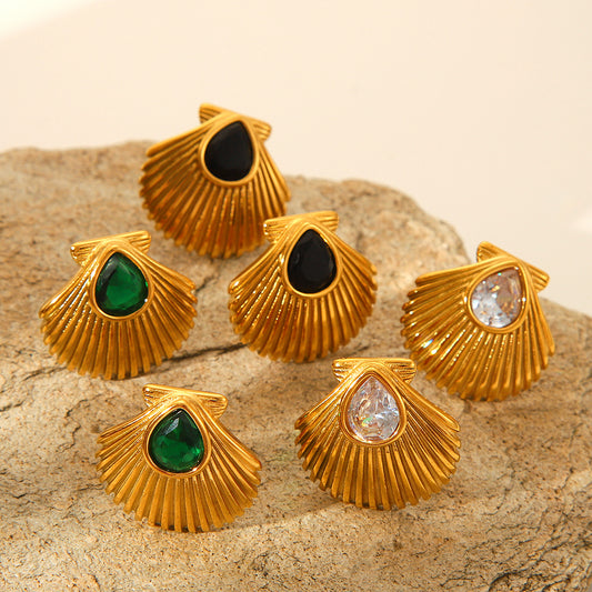Ins Style 18K Gold Plated Stainless Steel Seashell Geometric Zircon Earrings for Women