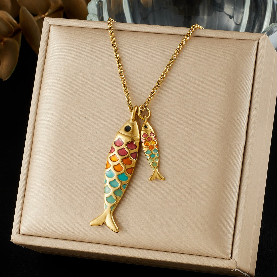 Cute Cartoon Colorful Drip Oil Koi Fish Pendant Gold Plated Stainless Steel Necklace for Women