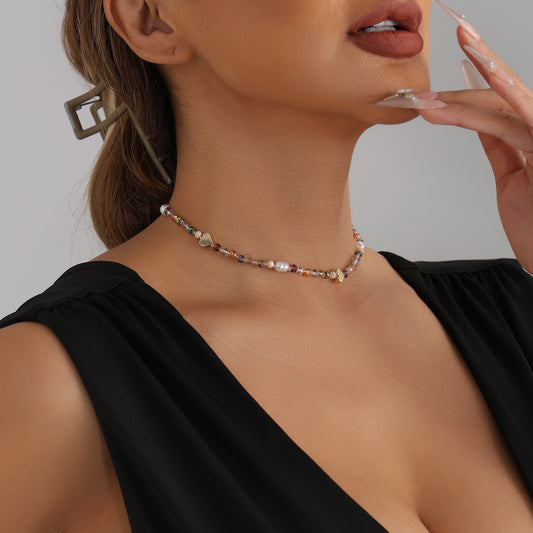 Casual Colorful Crystal Heart Geometric Alloy Plated Necklace for Unisex