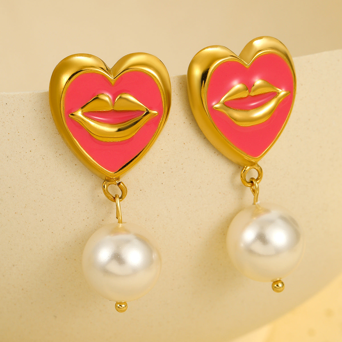 18K Gold Plated Stainless Steel Heart and Lips Pearl Drop Earrings for Women