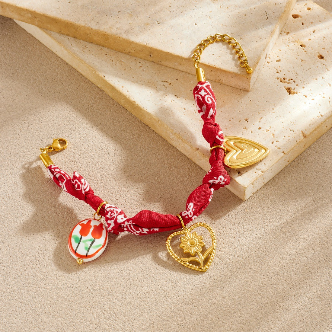 Vintage French Style Gold Plated Stainless Steel Heart Floral Ceramic Pendant Bracelet with Red Fabric Printed Rope Chain