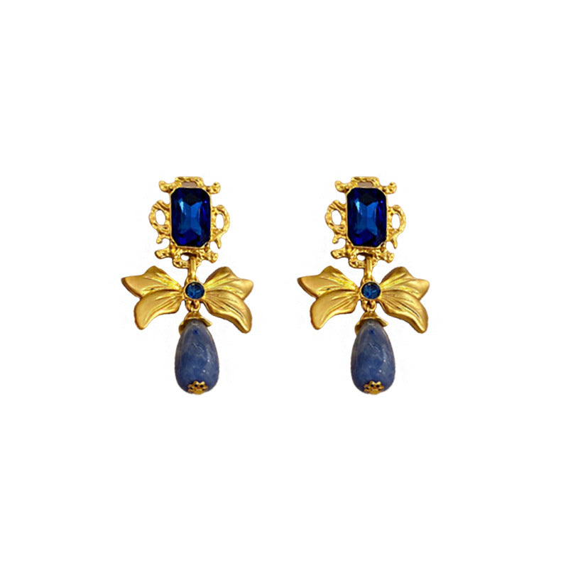 Vintage Bow-Shaped Rhinestone-Set Drop Earrings in Stainless Steel with Metallic Finish for Women
