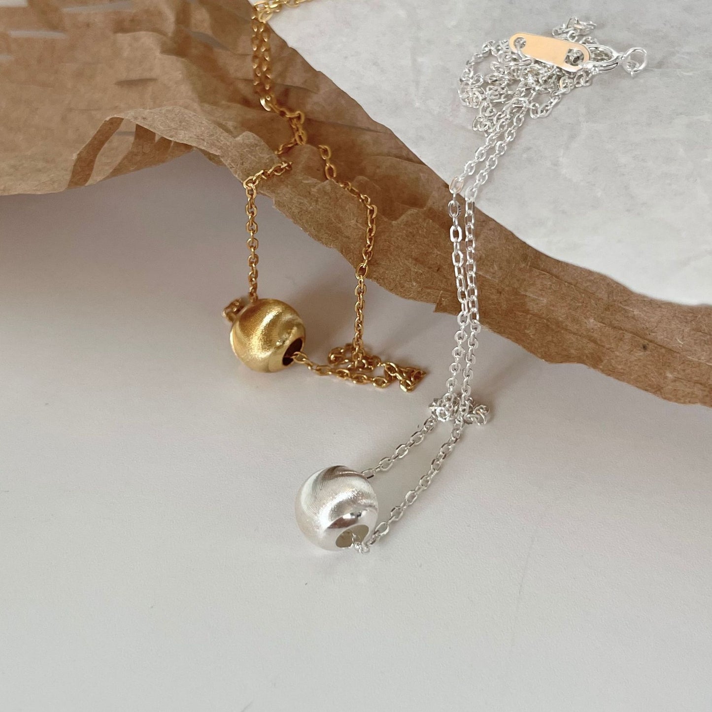 Minimalist Round Bead Necklace in 925 Sterling Silver with Electroplated Finish on Waxed Cotton Cord
