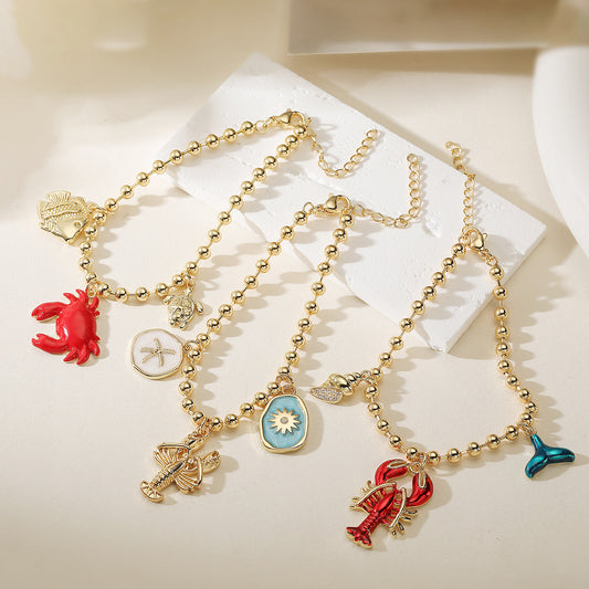 Geometric Brass Gold Plated Drip Oil Lobster Crab Pendant Bracelet for Women