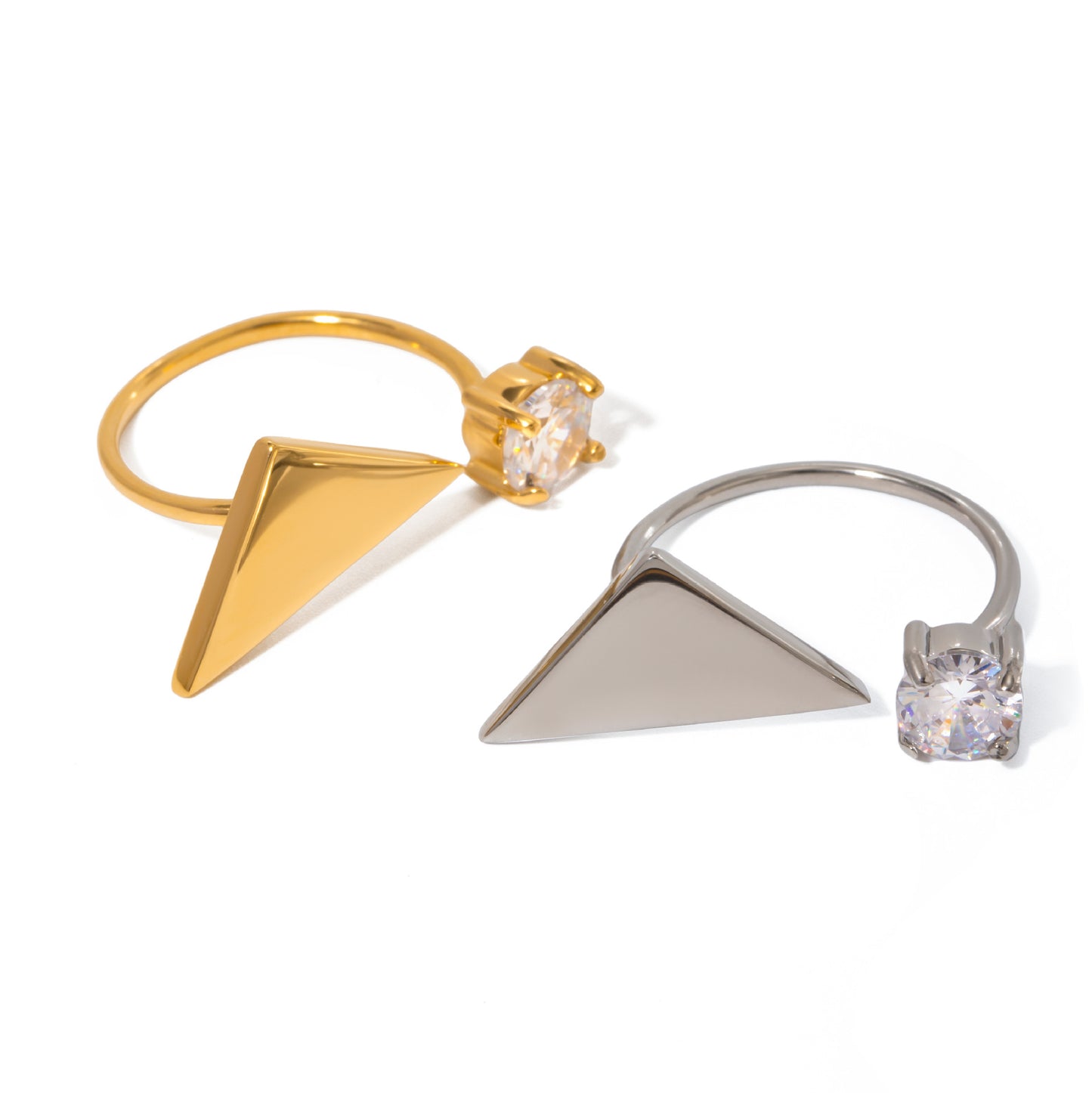 Anello Aperto a Triangolo Geometrico Minimalista in Acciaio Inossidabile Placcato Oro 18K con Zircone Rotondo