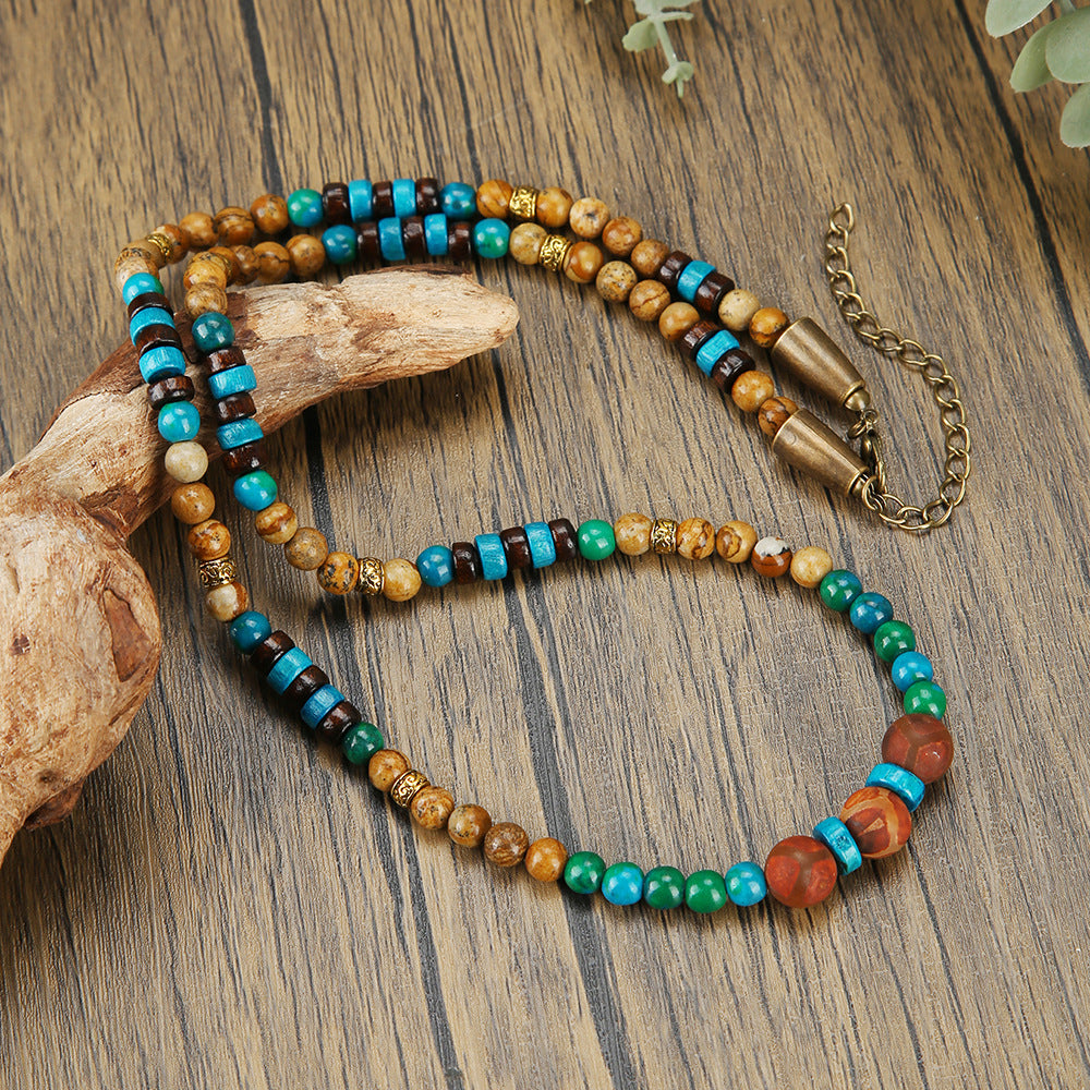 Vintage Geometric Natural Stone and Wood Bead Ball Chain Necklace Unisex