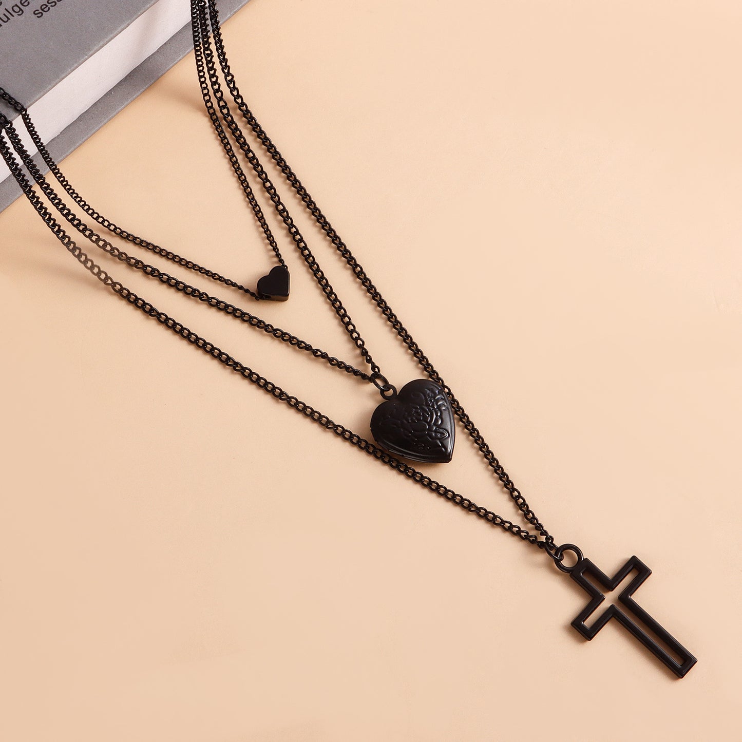 Geometric Heart and Cross Pendant Necklace for Women with Black Plated Alloy Chain and Openable Design
