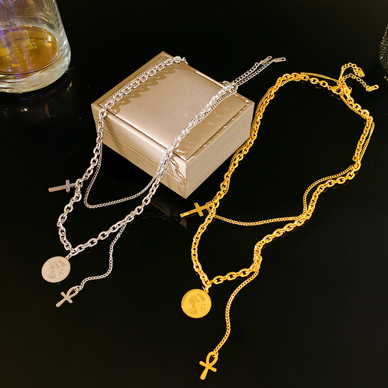 Layered Titanium Steel Round Cross Pendant Necklace Geometric Plated Chain for Men and Women