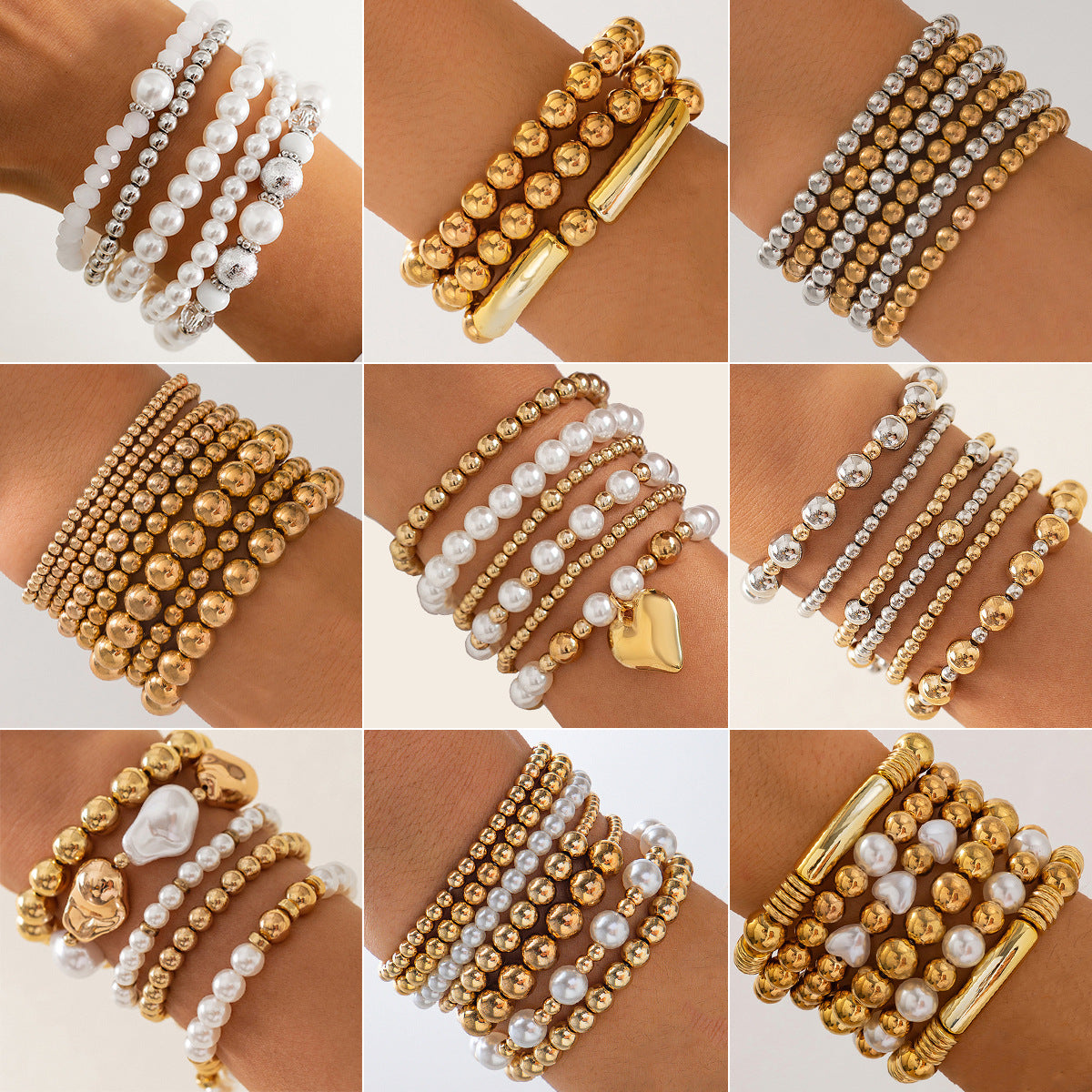 Pulsera elástica minimalista para mujer con perla de imitación en forma de corazón y acabado chapado, ideal para combinar con otras joyas