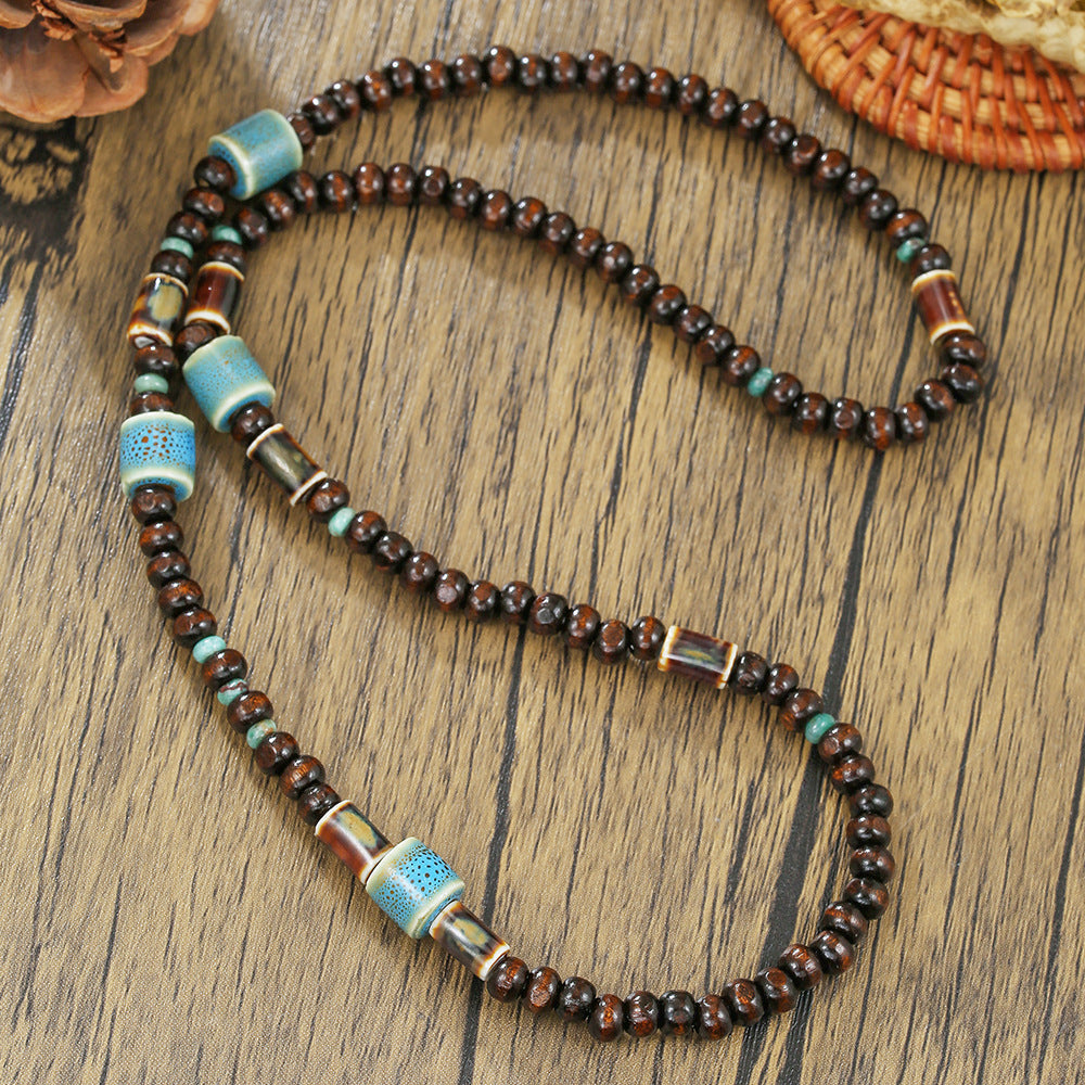 Vintage Ethnic Geometric Wood and Gemstone Cable Chain Necklace for Unisex