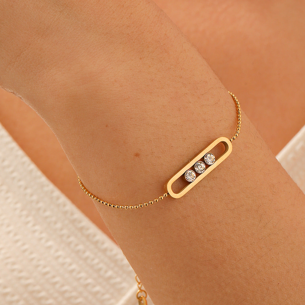Minimalist Gold Plated Geometric Rhinestone Bar Stainless Steel Ball Chain Bracelet for Women