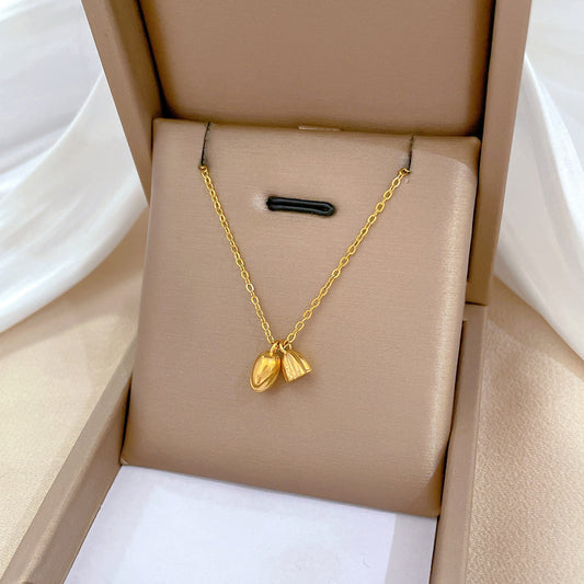 Minimalist Lotus and Penglai Geometric Pendant Necklace in Titanium Steel with Gold Plating for Women and Men