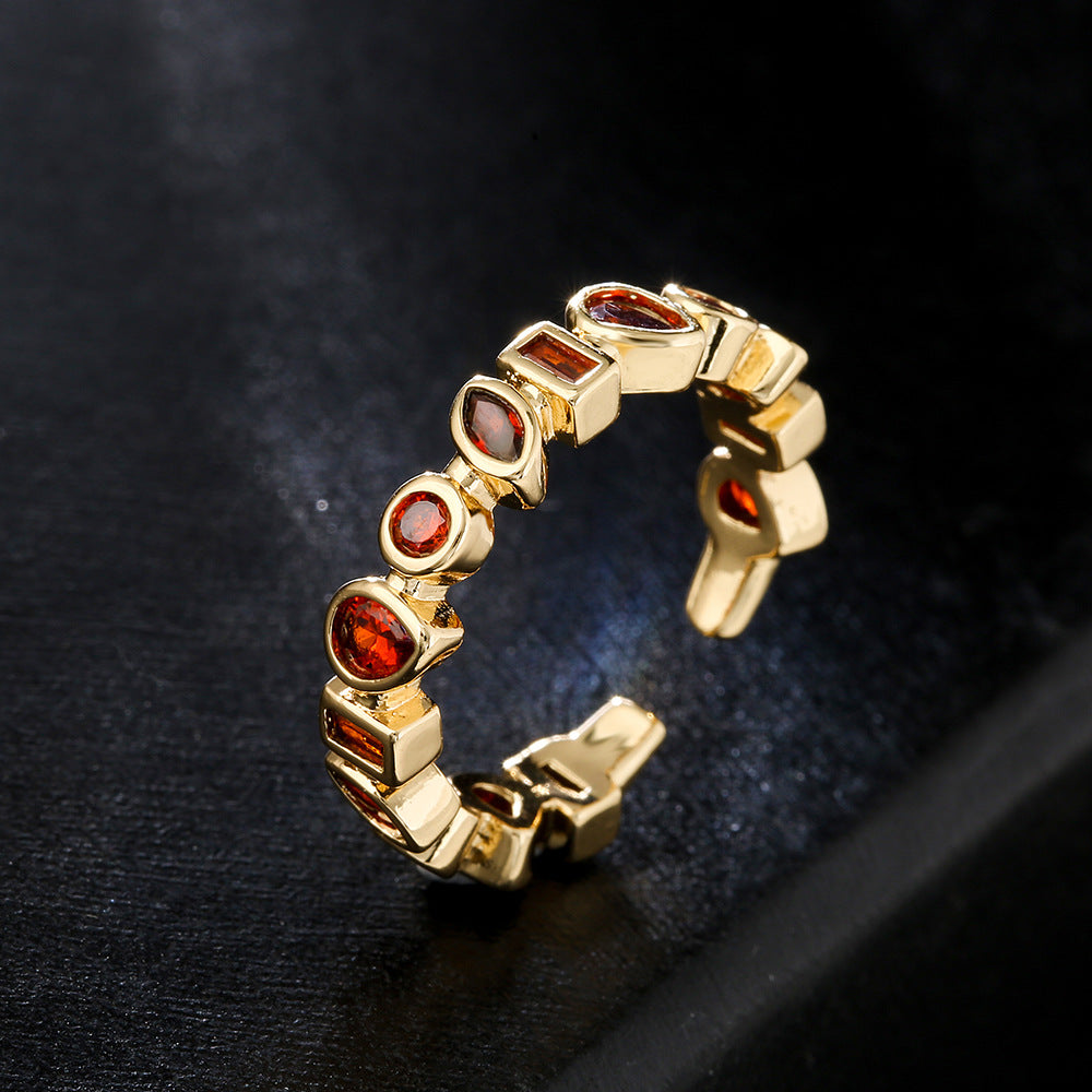 Minimalist Irregular Geometric Open Ring for Women in Copper with 18K Gold Plating and Zircon Inlay