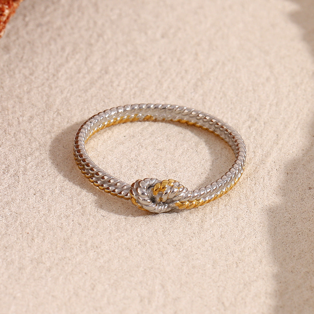 Minimalist Geometric Two-Tone Knotted Twist Ring in Stainless Steel with 18K Gold Plating for Women